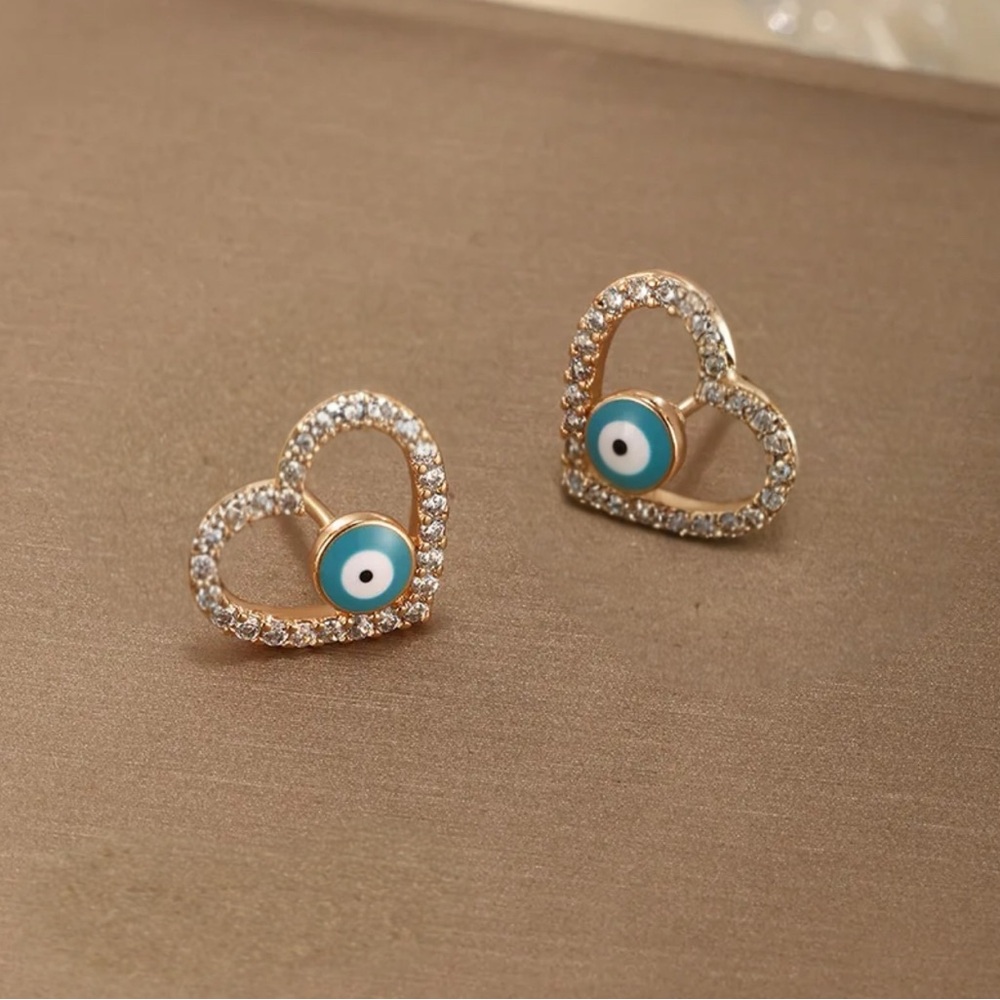 3 FOR $15 Gold Heart Evil Eye Stud Earrings